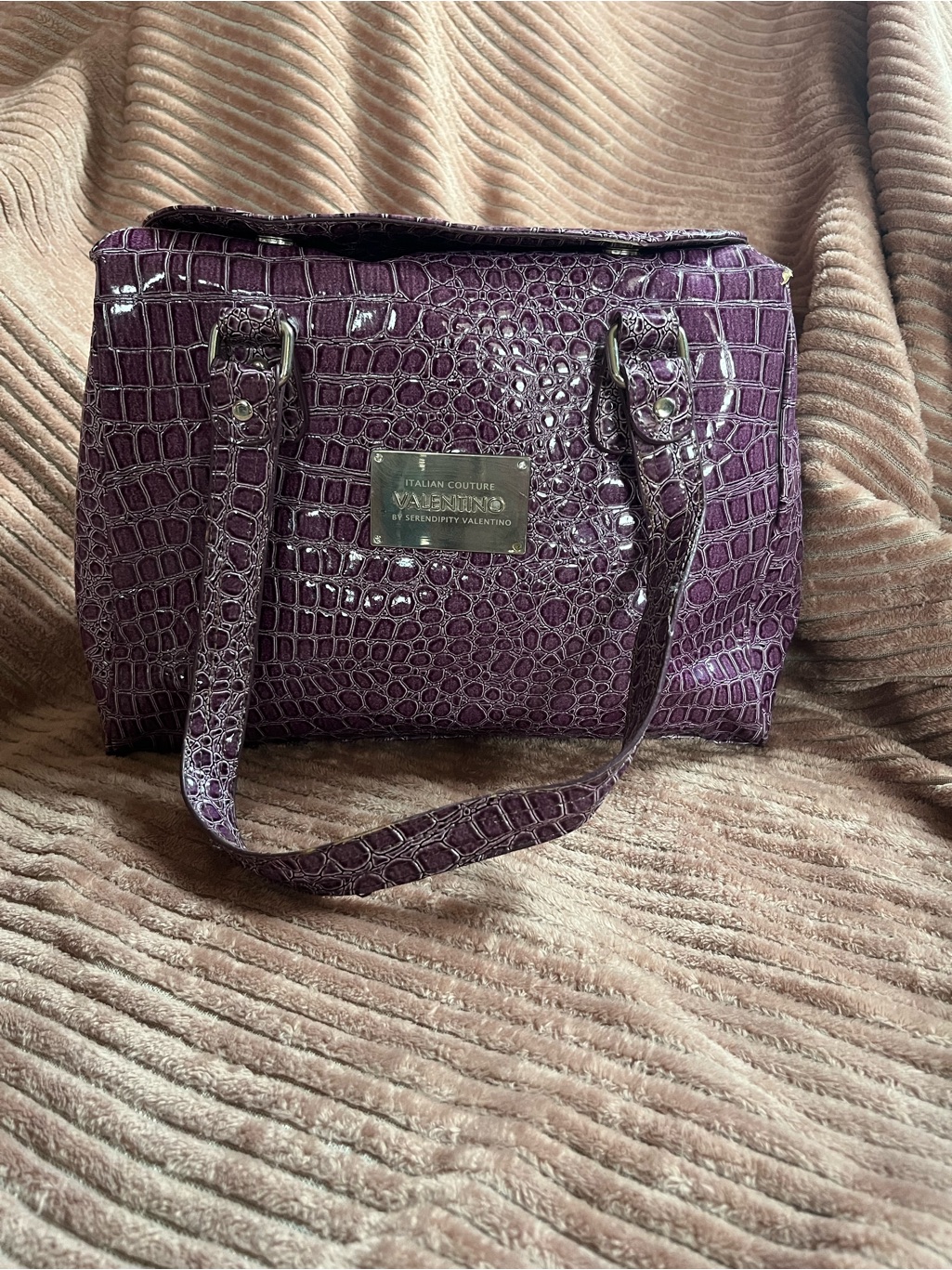 Valentino Glossy Purple Croc-Embossed Satchel